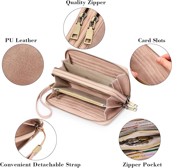 GAEKEAO Wallet for Women Clutch RFID Blocking Wristlet Leather Purse Large Capacity Credit Card Holder with Grip Hand Strap