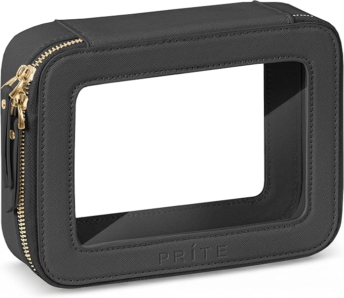 Prite Clear Makeup Bag Cosmetic Organizer Case Waterproof Travel Toiletry Bag Skincare Pouch with Golden Zipper(Black)