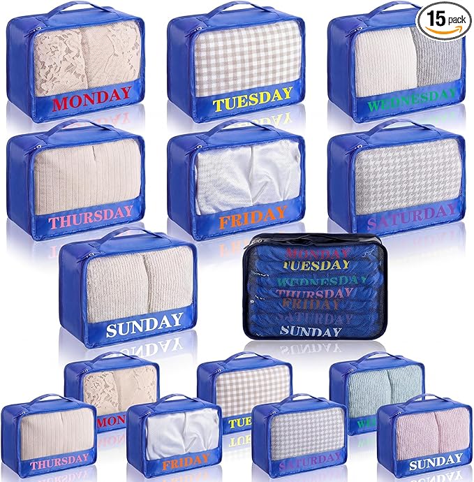 Days of Week Packing Cubes Weekly Organizer Travel Storage Bag School Clothes for Kids Summer Camp Family(9x7x3inch,Blue,15)