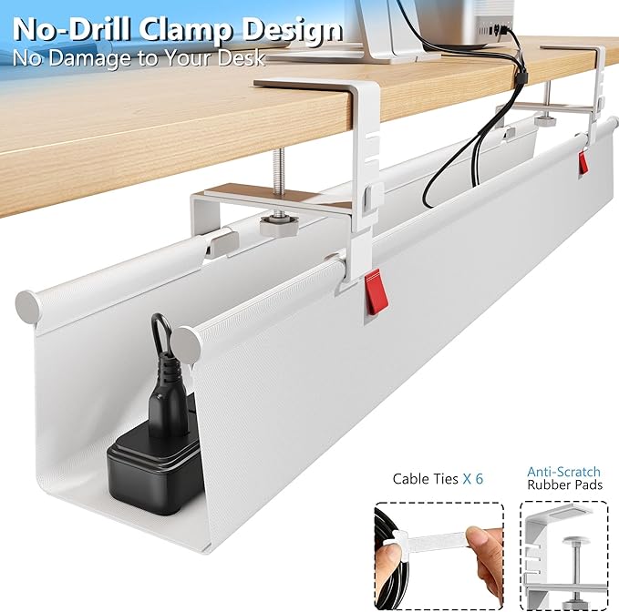 Litwaro Under Desk Cable Management Tray No Drill, 40.6" Cord Organizer with Clamp for Standing Desk, Premium Fabric Cable Tray with Wire Management for Office Home, White