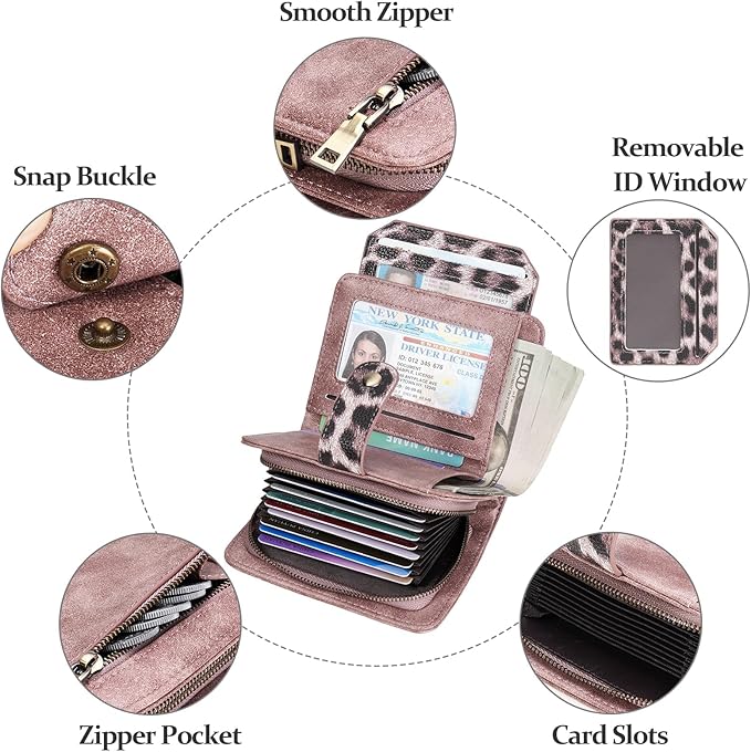 GAEKEAO Small Leather Credit Card Holder Wallets for Women RFID Blocking Bifold Wallet Zipper Pocket with Removable ID Window