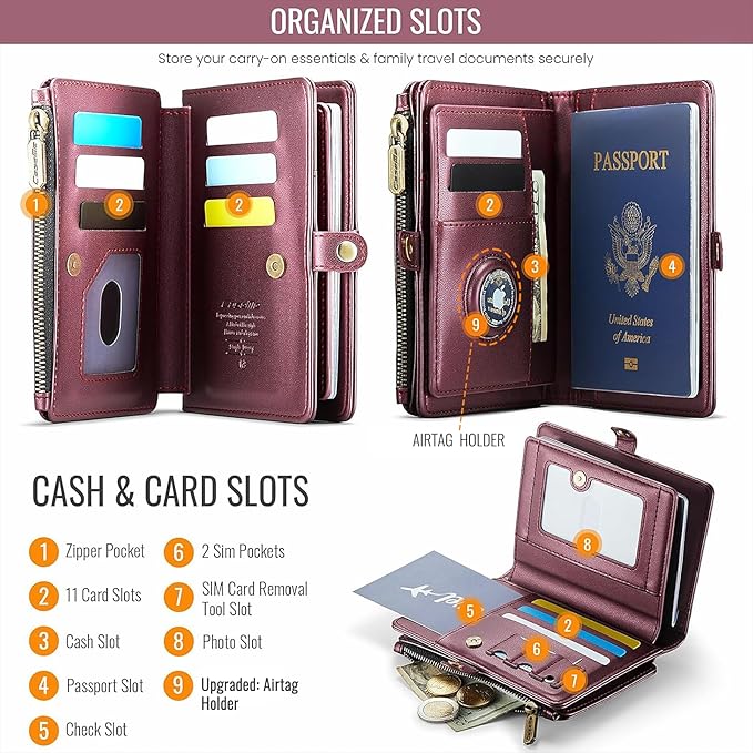 Passport Holder Wallet Bag with AirTag Holder, 11 Card Slots and Passport Solt Cash Solt Photo Solt Zipper Pocket, RFID Blocking Wristlet Strap.Wine