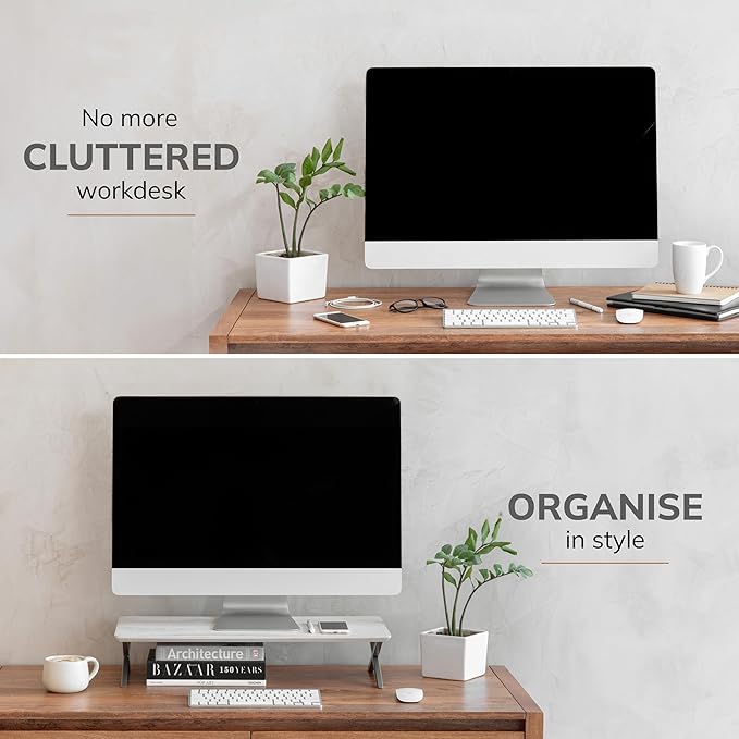 Anji Mountain Monitor Stand - Desktop Organizer & Laptop Riser, Ergonomic Monitor Riser, Space-Saving Monitor Stand for Desk, Durable Construction, Easy Assembly, Ideal for Home & Office,White Wash