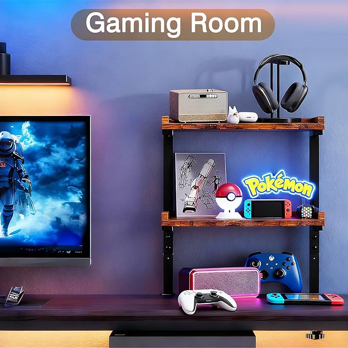 2-Tier Clamp-On Desk Shelf, 12.5" Wooden Desktop Storage Rack for Office Desk & Gaming Setup, Tabletop Organizer for Books, Accessories, Top or Under-Desk Mounted Shelf, Brown