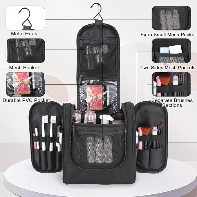Hanging Toiletry Bag with Hook, Travel Cosmetic Makeup Bag Organizer for Accessories, Shampoo, Shaving Bag for Toiletries Accessories,Travel Essentials Kit (Black)