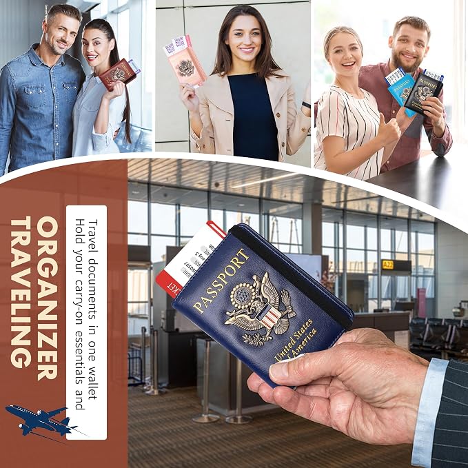 Passport Holder Cover Travel Wallet RFID Blocking Leather Family Passport Organization Personalized Wallet for Men or Women (Blue)