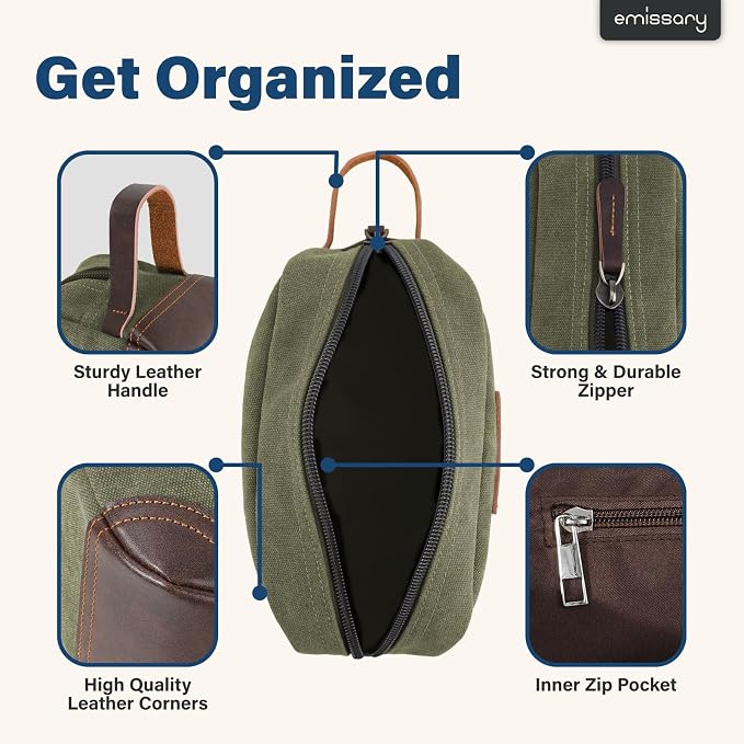 emissary Men's Canvas Travel Toiletry Bag, Leather Dopp Kit - Dark Green | Durable canvas & PU leather, water-resistant lining, side handle; roomy men's Dopp kit for travel & gym