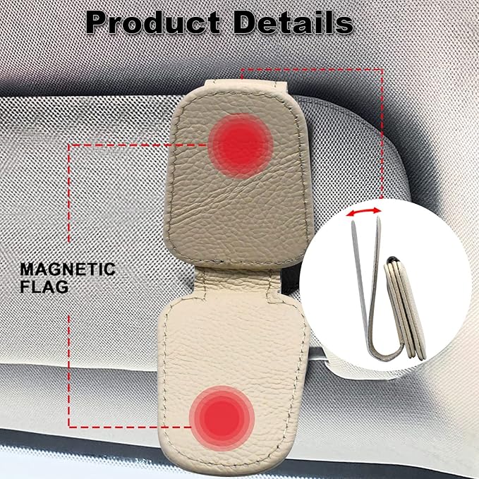 2 Pack Leather Car Visor Sunglass Holder, Magnetic Leather Glasses Eyeglass Hanger Clip for Car, Sunglass Clip Glasses Holder for Car Visor（Beige）