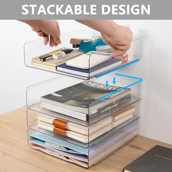 Tiawudi Desk Organizer, Clear Office Organization and Storage, Plastic Letter Tray, Stackable File Organizer for Classroom, Home, Documents, Notes, Folders, Books and Pens, 4 Tier