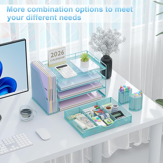 gianotter 4-Tier Paper Letter Tray + Monitor Stand with Storage (Blue)