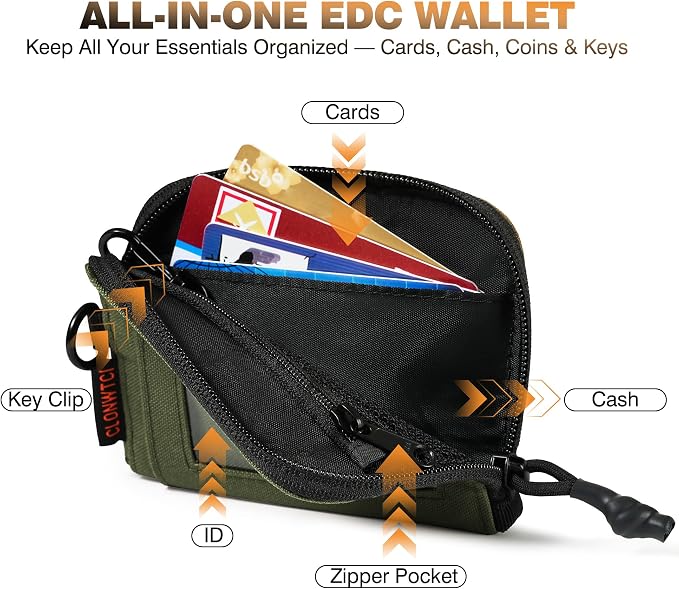 Coin Purse for Men, RFID Blocking 500D Nylon Small Wallet with Key Clip, Slim Front Pocket Card Holder, Zipper Coin Pouch & ID Window Organizer for Cards, Cash