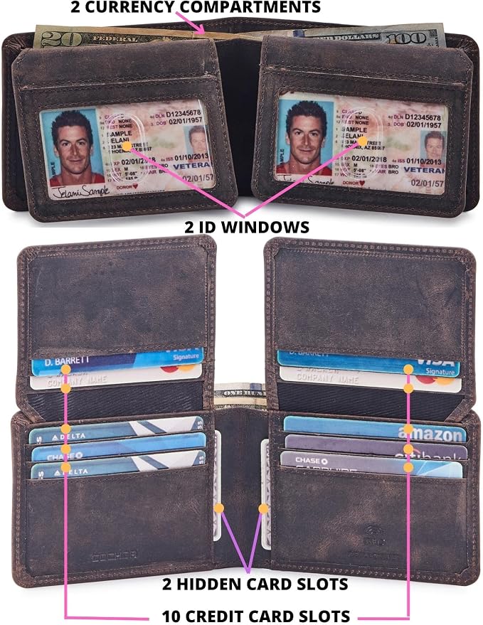 Cochoa Wallet for Men Bifold Leather RFID Blocking High Capacity Slim Card Case with 2 ID Window for Gift (Crazy Horse, Coffee)
