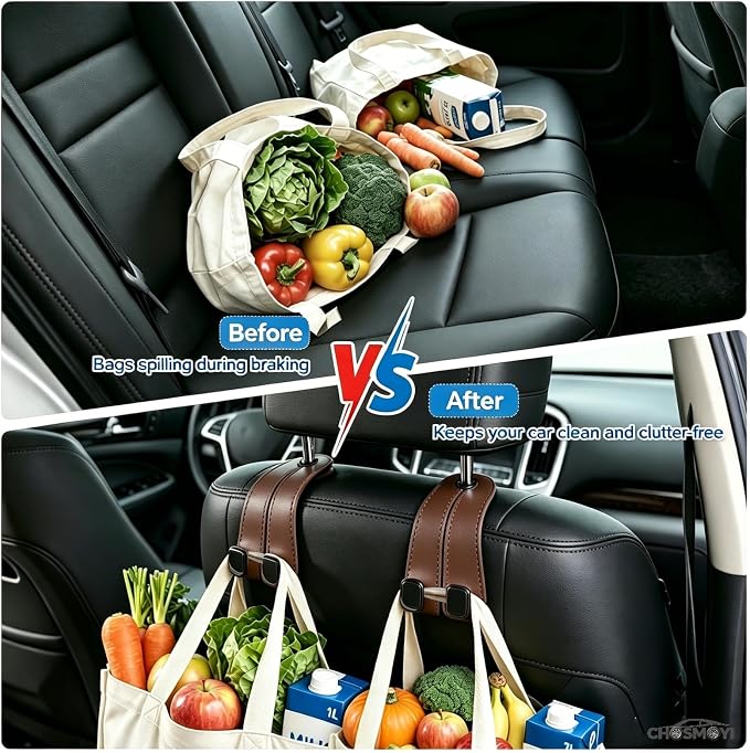 CHOSMOYI Leather Car Headrest Hooks for Purses & Bags, 2 Pack Heavy Duty Seat Back Organizer, Double Car Hooks for Groceries & Handbags, Universal Interior Accessories (Brown)