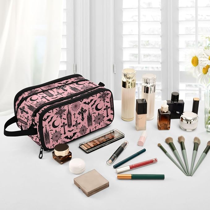 MNSRUU Large Capacity Makeup Bag, Black Gothic Moon Spider Webs and Bats Cosmetic Bag Portable Toiletries Pouch with Compartments Makeup Organizer Case for Travel Women