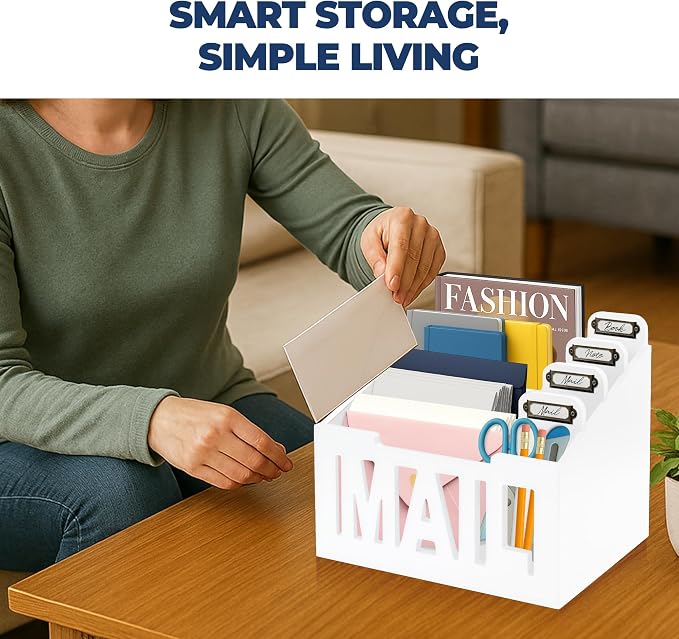 Mail Organizer Countertop – White Holder for Desk with 4 Slots & Label Tags, Decorative Desktop Sorter, Bill Storage and Envelope Tray for Organized Home Office Accessories (11x7x8 in)