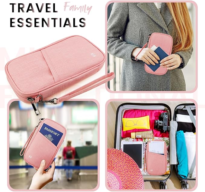 Passport Holder Family, Travel Document Organizer with RFID, Portable Passport Cover Case with Zipper for Cards, Boarding Pass, ID, Money, Tickets (Pink)