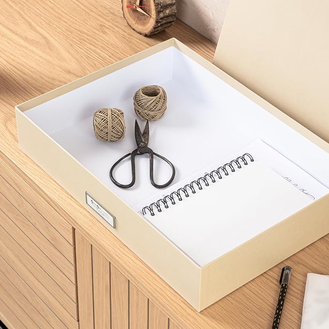 Bigso Sverker Fiberboard Legal/Art Storage Box - Scrapbook Storage Box for Papers, Photos, and More - Durable Memory Box for Keepsakes with Lid and Metal Label Holder - 3.3in x 17.1in x 12.2in - Fawn