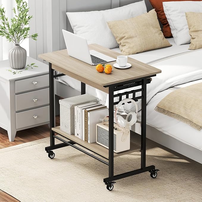 Tangkula Rolling Computer Desk Cart with Keyboard Tray, Mobile Portable Laptop PC Desk with CPU Stand & 3 Hooks for Sofa & Bed, Compact Small Desk on Wheels for Small Spaces (Grey)