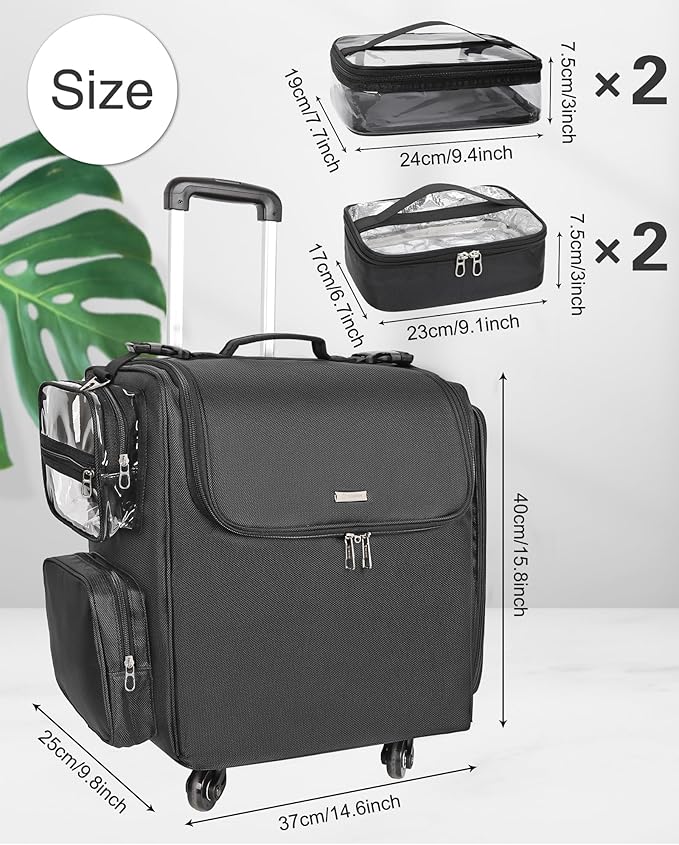 Relavel Rolling Makeup Train Case with 4 Pcs Clear Makeup Bags, Hairstylist Traveling Bag with 4 Wheels, Heat Insulation Full Layer, Adjustable Dividers, Hair Tools and Cosmetics Storage Organizer