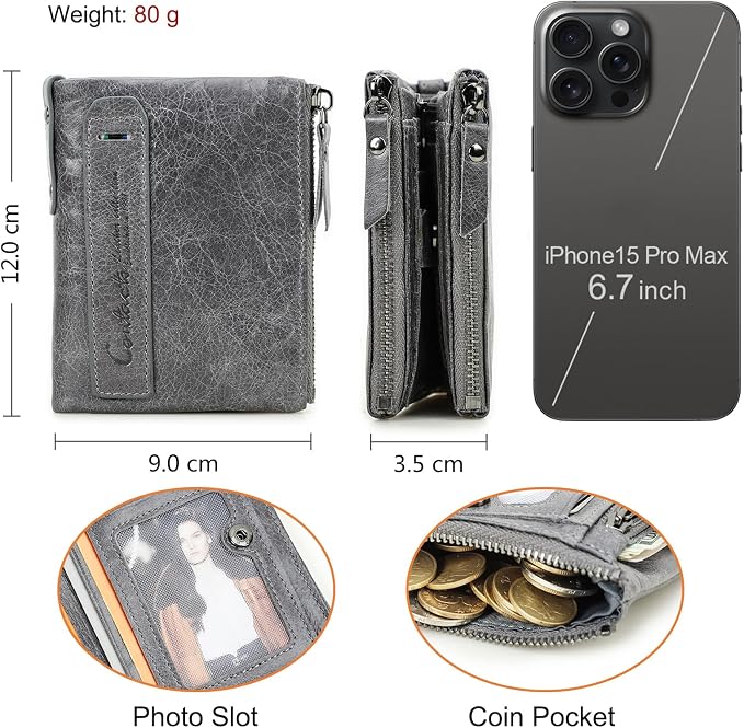 CONTACTS Soft Leather Wallet for Women and Men Small Bifold Coin Purse Double Zipper Card Holder with RFID Blocking (Gray)