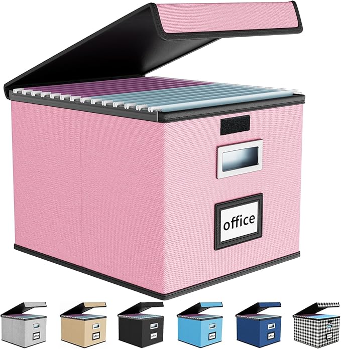 File Organizer Box with Lid, Collapsible File Folder Organizer for Office Document Storage, Filing Box with Plastic Slide for Letter Size Hanging File Folders(1 Pack, Pink)