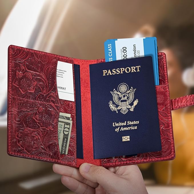 Genuine Leather Passport Holder Travel Bifold Wallet For Men And Women Slim RFID Blocking Red