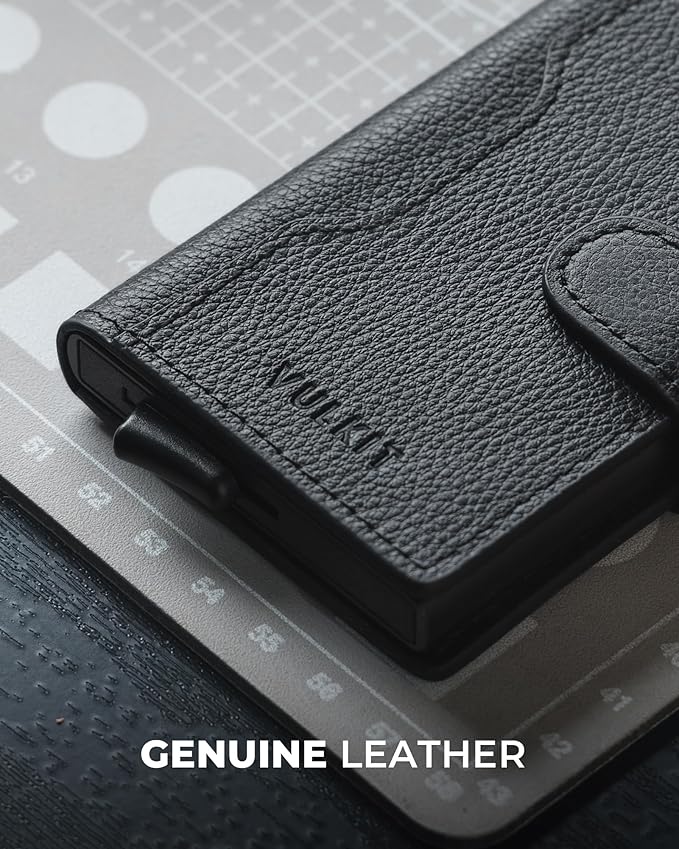VULKIT Slim Bifold Pop up Wallet Minimalist Leather Card Holder RFID Blocking Metal Card Case with ID Window for Women | with Leather Slots, RFID Blocking, Slim, Metal Card Case