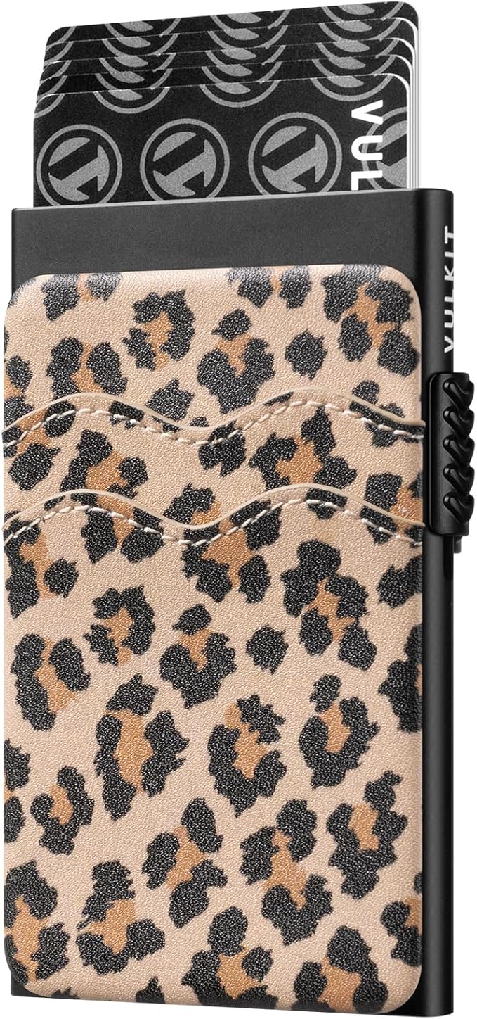 VULKIT Credit Card Holder Minimalist Slim Pop Up Wallet with Leather Slots RFID Blocking for Men and Women Holds 7 Cards and Notes Leopard Chic