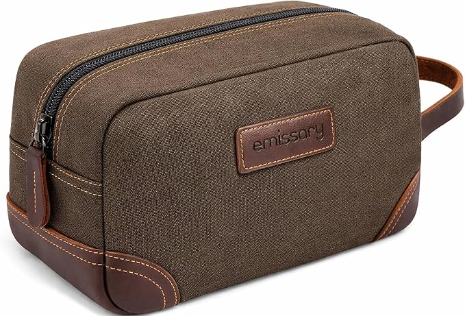 emissary Men's Toiletry Bag, Leather and Canvas Travel Toiletry Bag, Dopp Kit for Men, Travel Bathroom Bag Men's Shaving Kit, Travel Kit Small Bags for Men, Shaving Bag for Travel Accessories (Coffee) | Durable canvas & PU leather, water-resistant lini...