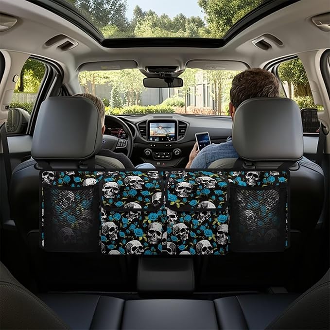 Skull Flower Car Trunk Organizer, 4 Compartment, Waterproof, Hanging, SUV, Sedan, Van, Truck, Bold and Floral
