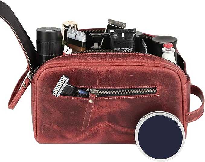 KomalC Leather Toiletry Bag for Men & Women – Handcrafted Travel Grooming Kit with Water-Resistant Lining and Secure Zipper Closure
