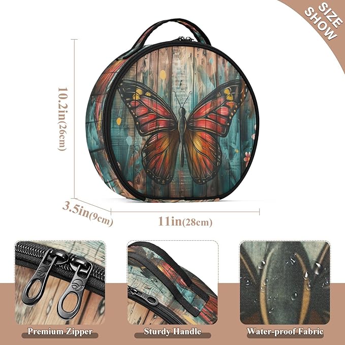 senya Round Cosmetic Pouch Travel Makeup Train Case Butterfly Wooden Makeup Organizer Bag with Adjustable Dividers Portable for Cosmetics Makeup Brushes Toiletry Jewelry Accessories