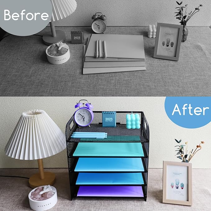 5 Tier Desk Organiser with Handle, Pull-Out Mesh File Organizer for Letter Tray Organizer Mesh Desk Organiser Tray Paper Storage Rack for A4 File Office Supplie, Black