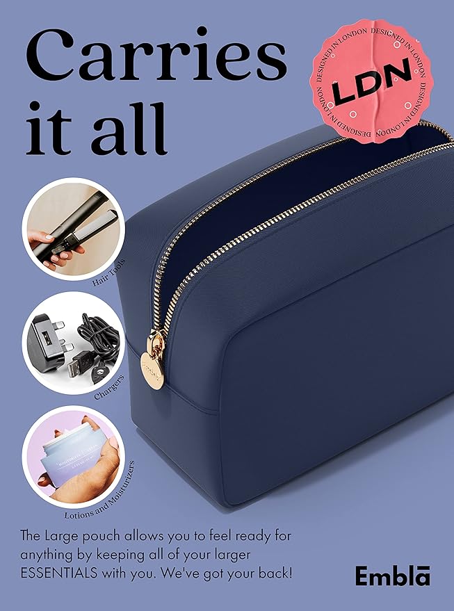 Embla Large Makeup Bag and Waterproof Nylon Travel Toiletry Bag, Large Capacity Cosmetic Zipper Pouch, Navy Blue