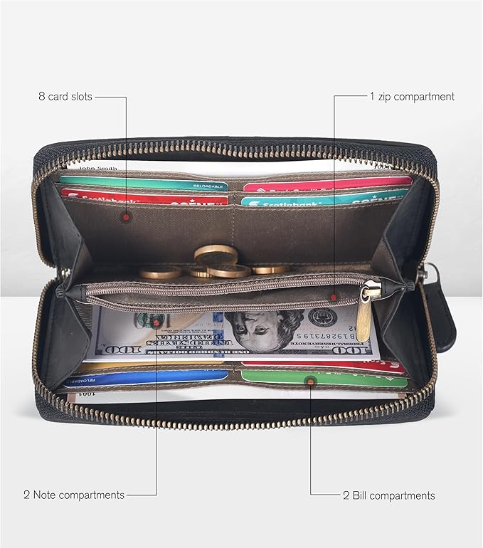 Black Leather Wallet for Women - RFID Womens Wallet Clutch with 8 Credit Card Holder, Coin Pocket, Gift for Women’s