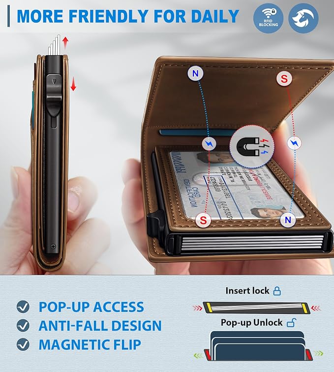 Wallet for Men, Slim Pop Up Card Holder with RFID Blocking, Minimalist Bifold Wallet with 9 Card Slots, ID Window and Cash Pocket, Metal Flip Case with Magnetic Closure, Gift Box