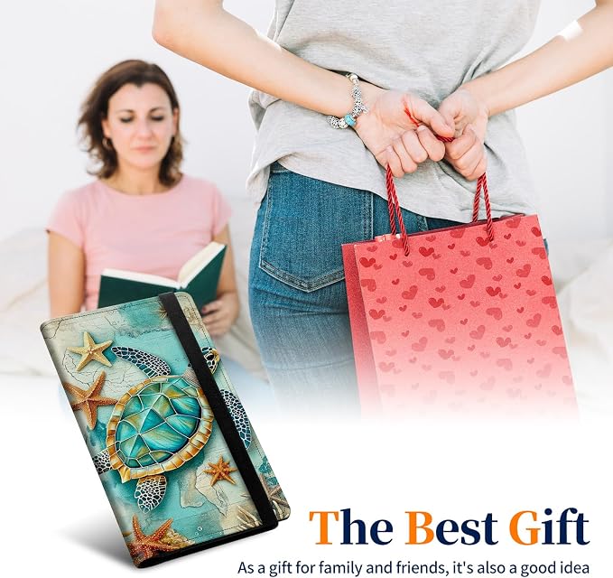 Premium PU Leather Checkbook Cover for Men & Women,RFID Blocking Slim Check Book Holder with Duplicate Check Divider & Pen Holder,Fits Standard Personal Checks,Retro Sea Turtle