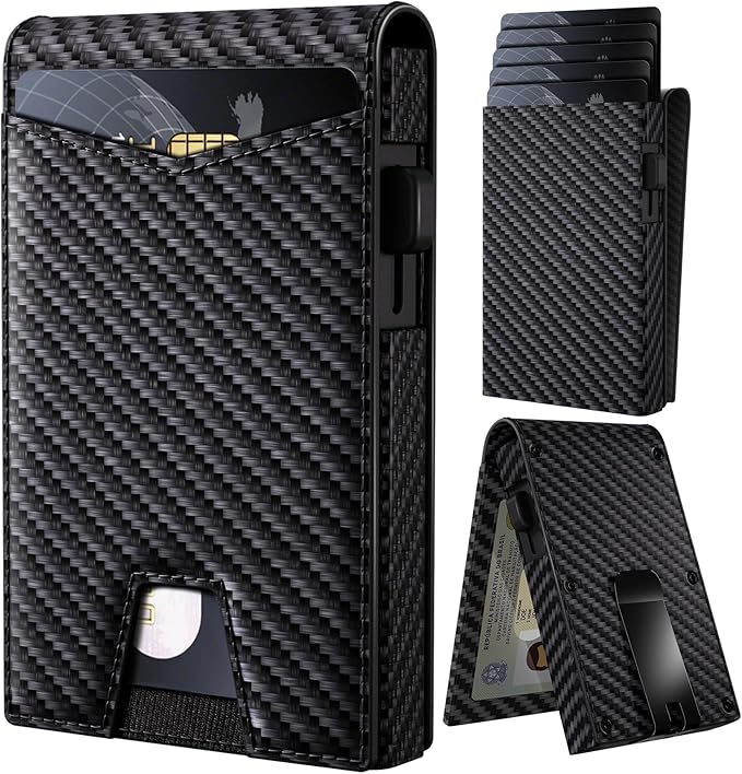 Wallet for Men, Gift Boxed Slim Minimalist Wallet for Men with Money Clip and Genuine Leather Slots RFID Blocking Pop Up Metal Aluminum Smart Wallet Card Case (Carbon Fibre Black)