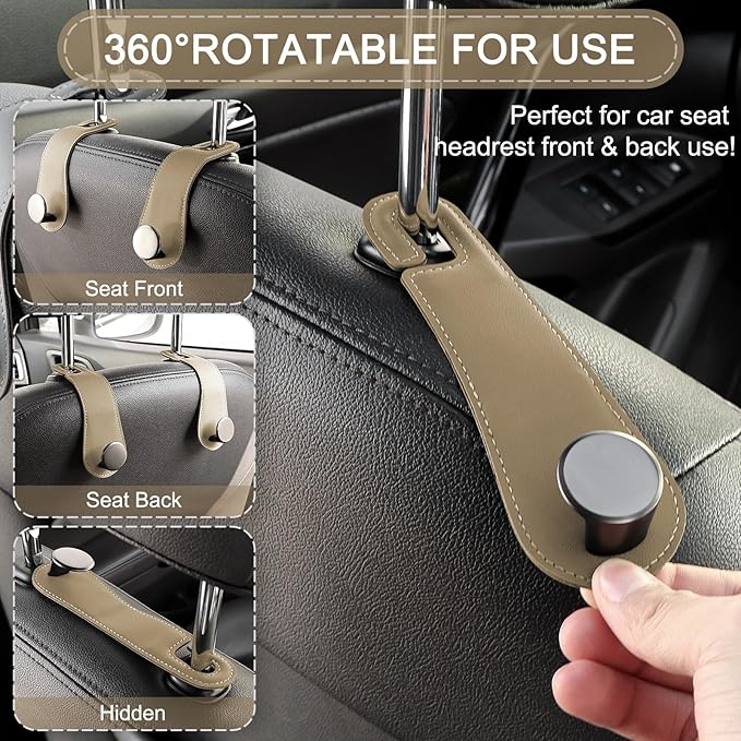 JESTOP Car Headrest Hooks, 2 Pack Leather Car Seat Storage Hanger for Purses Bags, Stylish Car Seat Organizer Hooks for Handbag Coat Umbrellas, Car Inside Accessories, Apricot