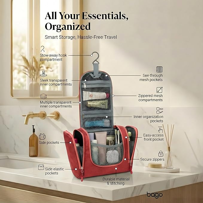 Bago Travel Toiletry Bag for Women and Men - Large Waterproof Hanging Large Toiletry Bag for Bathroom and Travel Bag for Toiletries Organizer - Makeup Bag (Red)