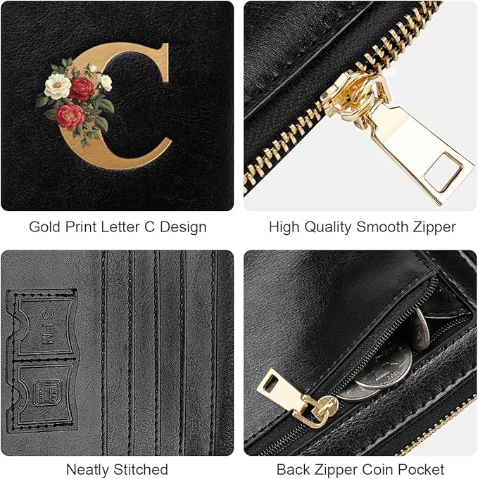 Passport Holder Cover Wallet with Zipper Personalized Initial Letter C Rose Flower RFID Blocking Travel Wallets Credit Cards Holder for Women, Gift for Wife and Girlfriend,C