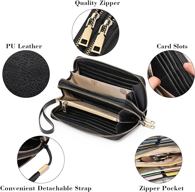 GAEKEAO Wallet for Women Clutch RFID Blocking Wristlet Leather Purse Large Capacity Credit Card Holder with Grip Hand Strap