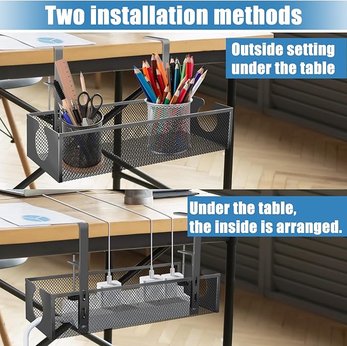 Under Desk Cable Management Tray, No Drill Steel Cord Organizer Kit with 189Pcs Different Essential Accessories for Home Office Standing Desk (13.4inch, Black)