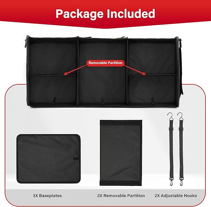 Simple Deluxe Car Trunk Organizer, Multi Compartments Collapsible Trunk Storage, Anti-slip, Waterproof 600D Oxford Polyester, with Adjustable Straps for SUV, Minivan, Truck, Large Size, Black