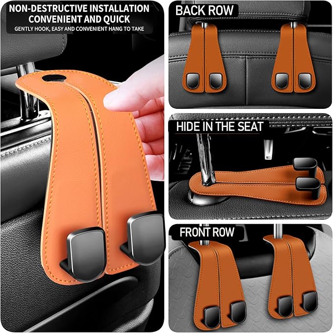 CHOSMOYI 2 Packs Car Seat Hooks, Leather Car Headrest Hook, Car Purse Hook Seat Back Hanger Storage Organizer, Car Hook for Purses and Bags(Coral Orange)