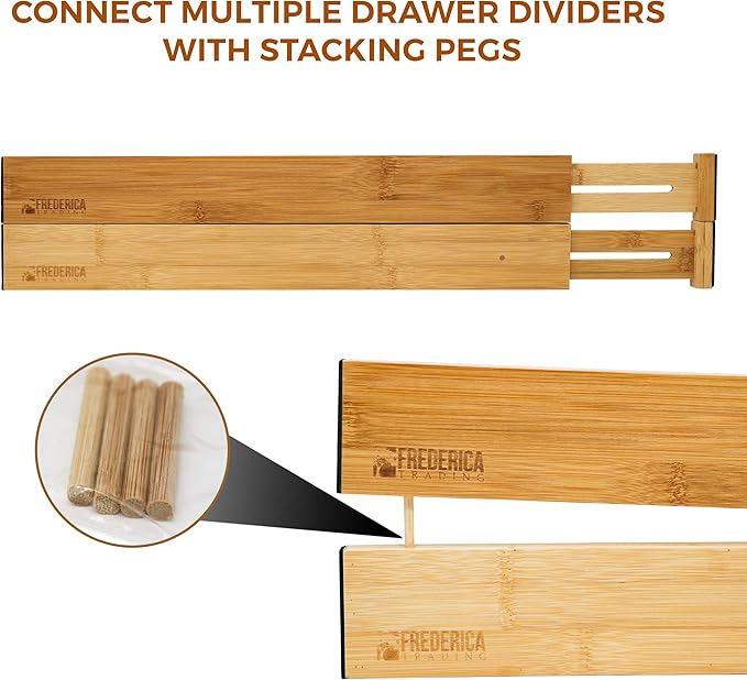 Bamboo Adjustable Drawer Divider Organizers - Spring Loaded, Stackable | Perfect for Kitchen Utensils, Silverware & Knife Drawer Dividers, Desk, Bathroom, and Dresser Drawer Organization (2-Pack)