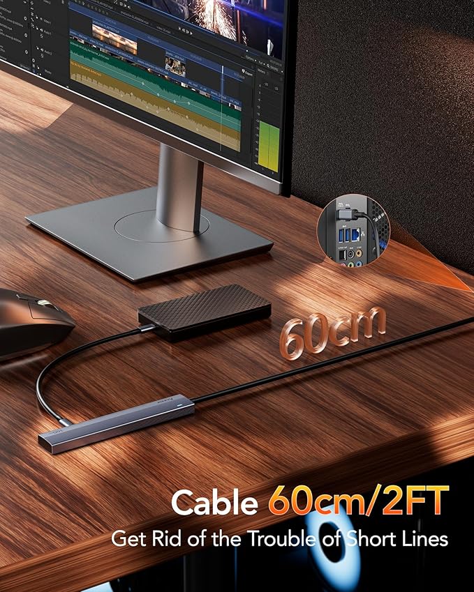Aceele USB C Hub 10Gbps, 4 Port USB 3.2 Gen 2 Hub, USBC to USB-C Hub with 60cm/2ft Long Extension Cable, USBC Adapter Data Hub for MacBook Pro, MacBook, Samsung Chromebook and More