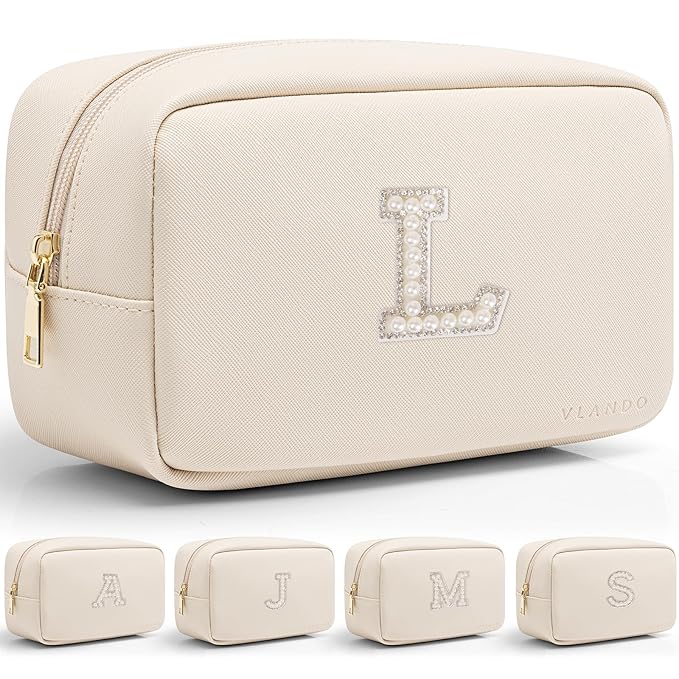 VLANDO Travel Gifts for Women Make up Bag Bridesmaid Proposal Gifts Pearl Letter Pouch Cosmetic Bag Zipper Purse for Women Girls Daughter Preppy Stuff L