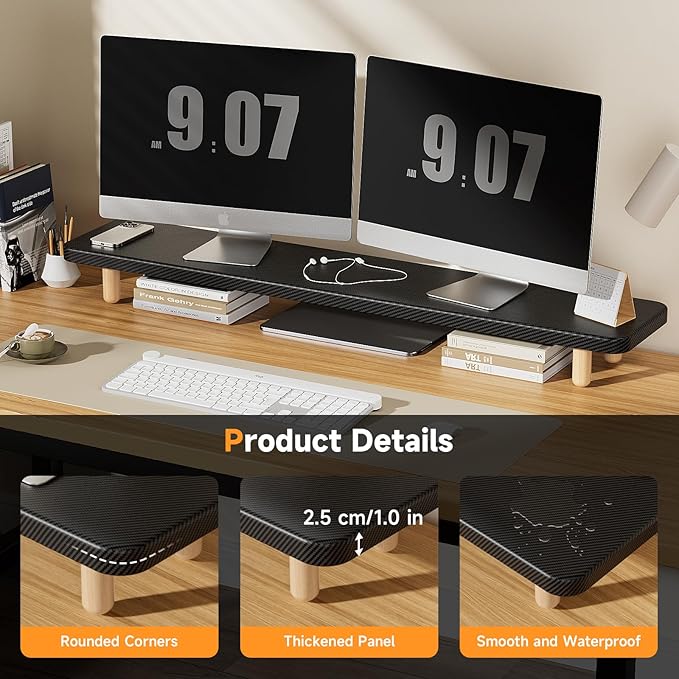 Dual Monitor Stand Riser, 39 Inch Extra Long Wooden Desktop Monitor Riser with Storage for 2 Monitors Ultra Strong Desk Shelf Organizer Riser Ergonomic for 2 Screens/Laptop/PC/TV/Printer (Black, 39inches)