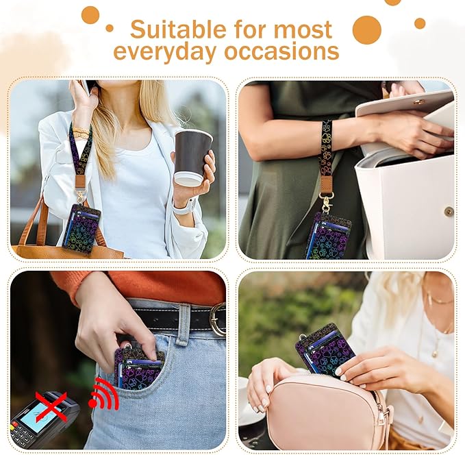 Yonlevres Dog Paw Credit Card Holder Slim Wallet, RFID Wallet Women Front Pocket Wristlet Lanyard, Small Card Holder Travel Funny Cute Thin Card Case ID Window PU Leather Card Organizer Gifts Girls